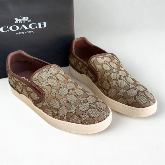 Coach Wells Slip On Sneakers C4393 Sig PVC Khaki Saddle Women’s 9B NIB - Picture 1 of 12